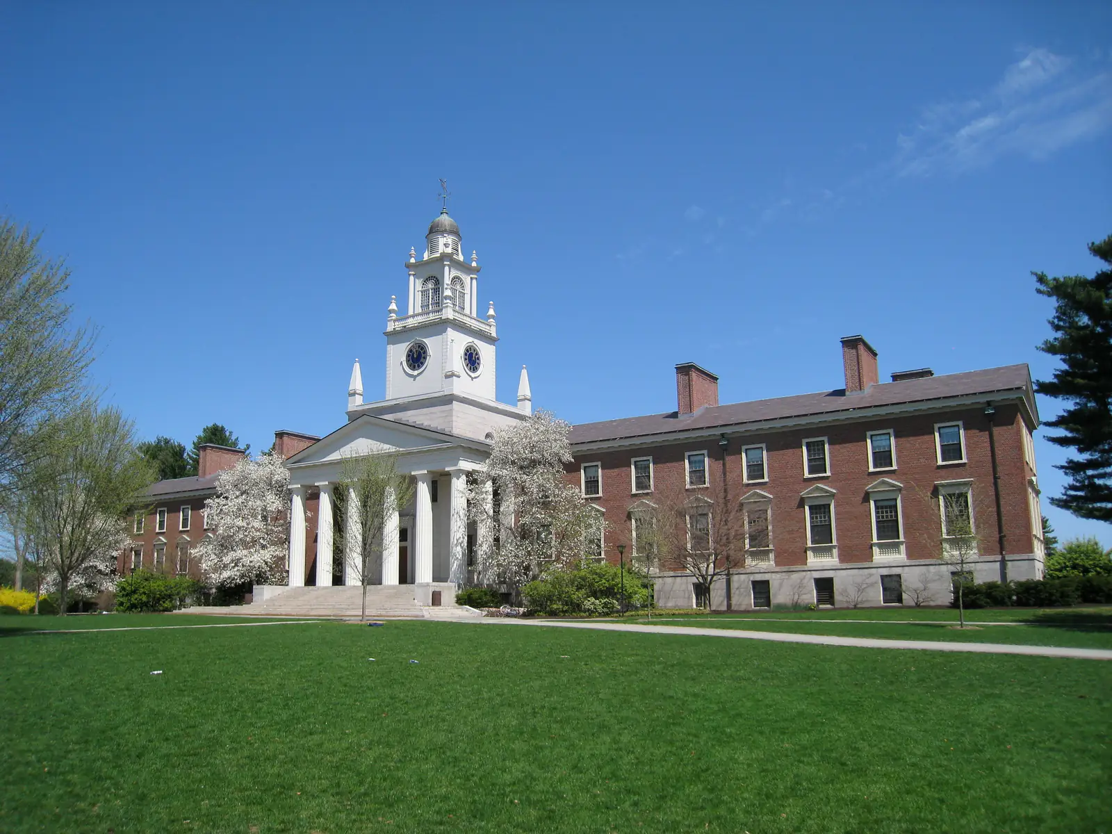 Samuel Phillips Hall with its white cupola on the Phillips Academy campus in Andover, Massachusetts