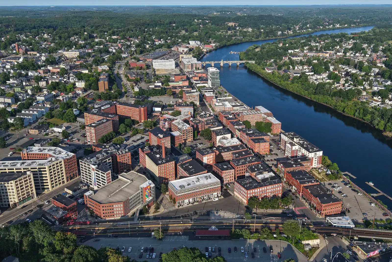 Aerial view of downtown Haverhill, Massachusetts, along the Merrimack River