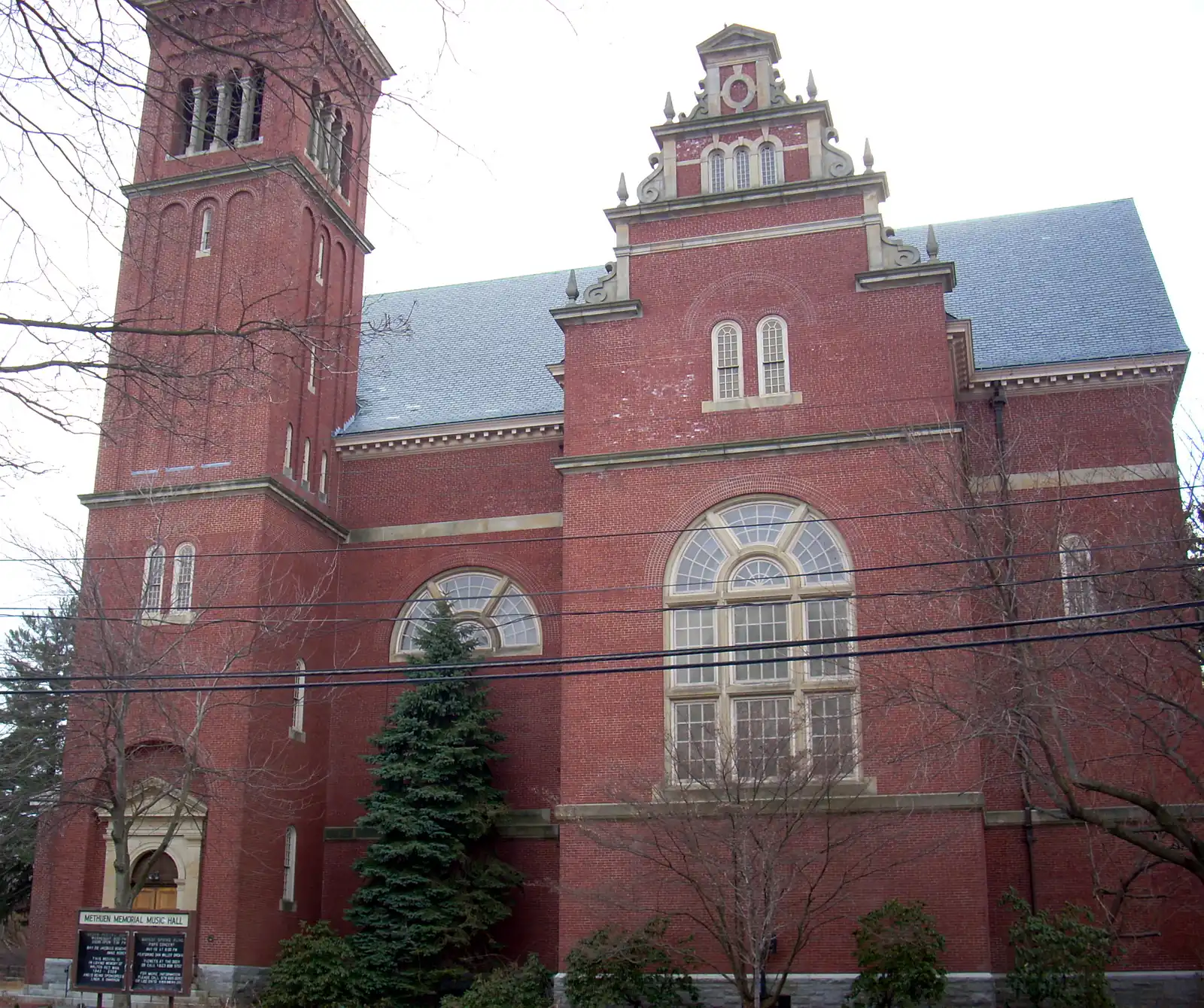 The red-brick Methuen Memorial Music Hall on Broadway in Methuen, Massachusetts