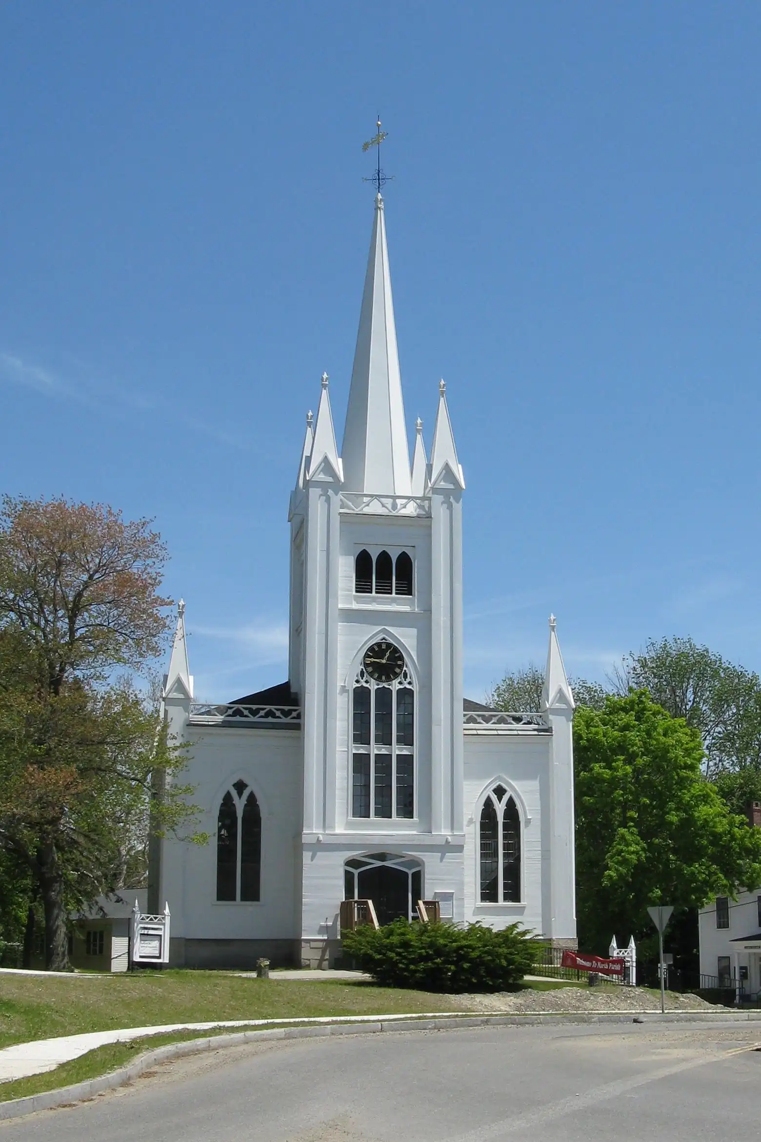 The white steepled North Parish church in the North Andover Center Historic District, Massachusetts